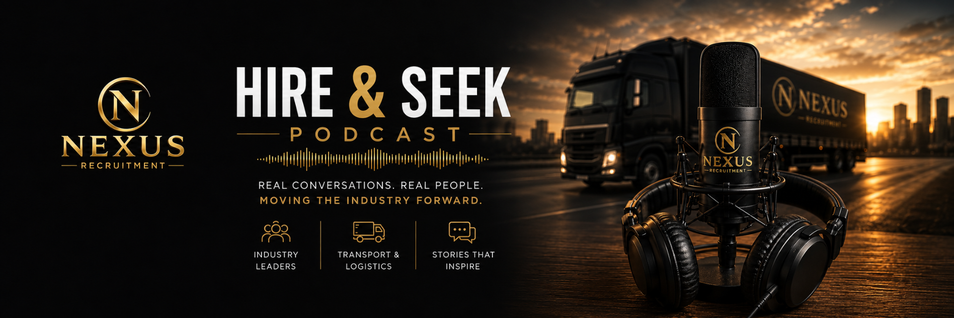 Gold and black podcast microphone with headphones beside a recruitment truck at sunset, “Hire & Seek” text.