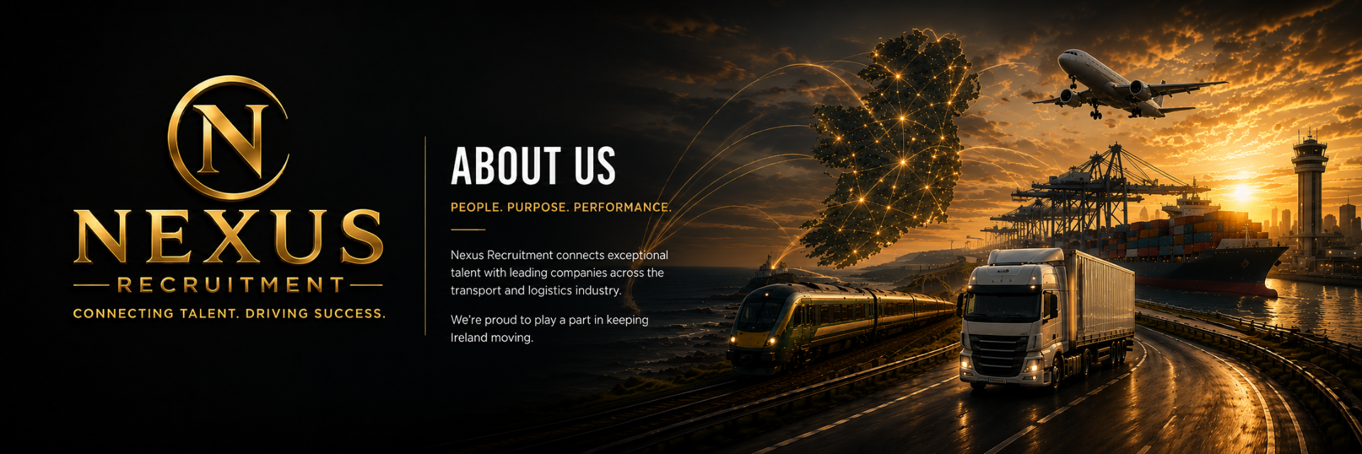 Gold “Nexus Recruitment” logo with circular N emblem on dark background, glowing against blurred dark-gold backdrop.